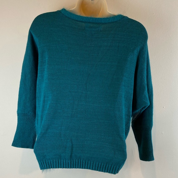 Jennifer Lopez Flirty Fuzzy Silver Metallic Eyelash Teal Sweater Women’s Size Sm - Picture 3 of 5